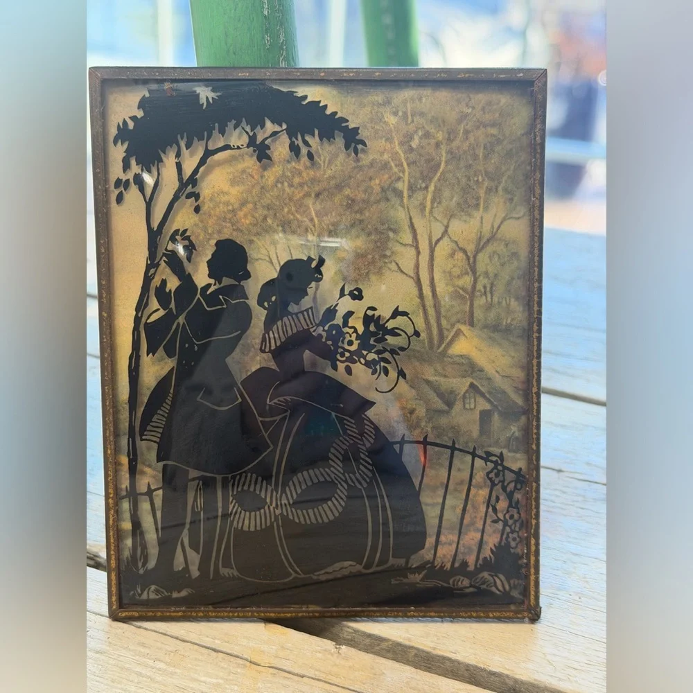 2 1940’s Convex Glass Victorian Art Pictures. Silhouette | Reverse | 4x5